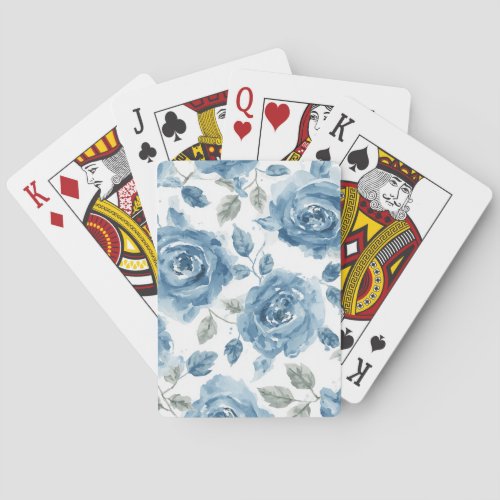 Blue Roses Watercolor Botanical Blooms Floral Poker Cards