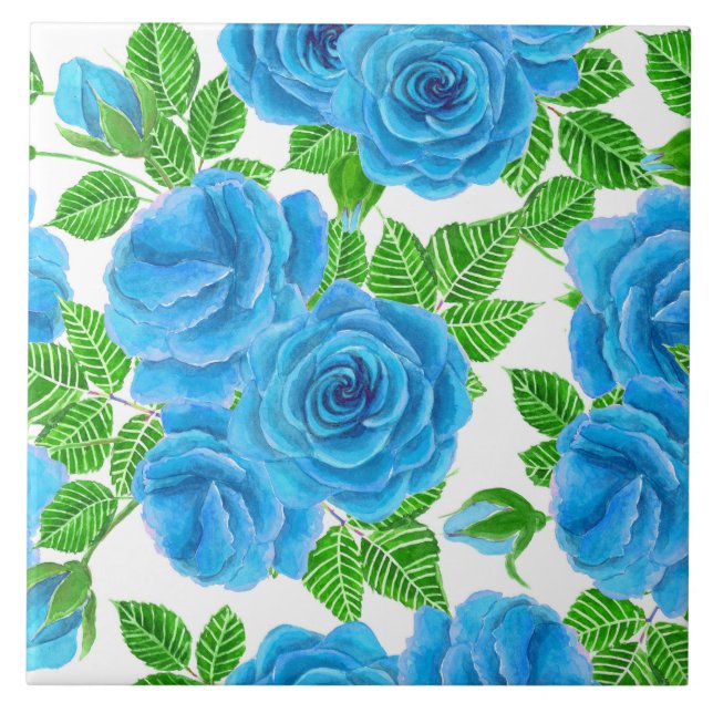 Blue roses watercolor seamless pattern ceramic tile (Front)