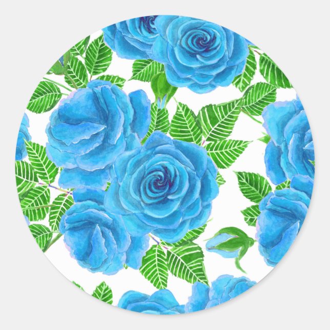 Blue roses watercolor seamless pattern classic round sticker (Front)