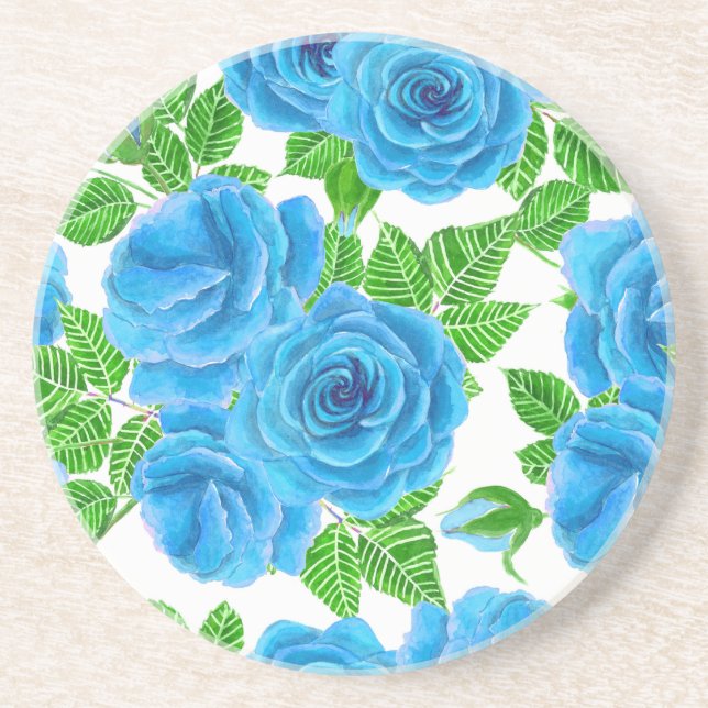 Blue roses watercolor seamless pattern drink coaster (Front)
