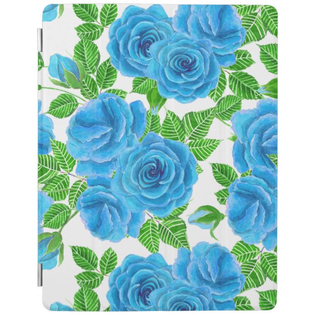 Blue roses watercolor seamless pattern iPad smart cover (Front)