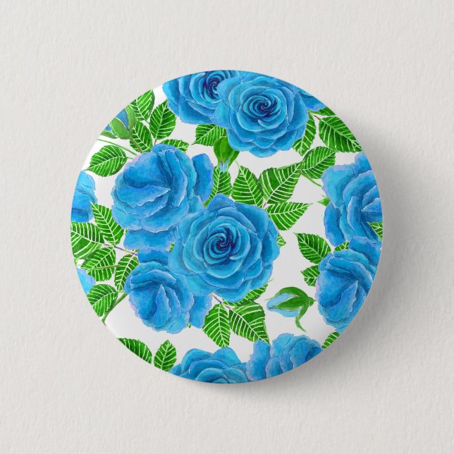 Blue roses watercolor seamless pattern pinback button (Front)