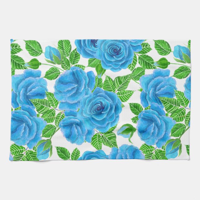 Blue roses watercolor seamless pattern towel (Horizontal)