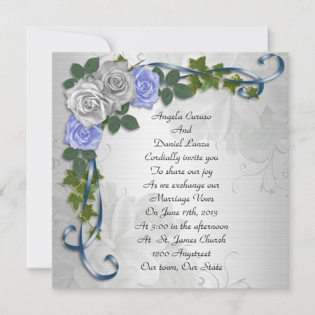 Blue roses wedding invitation elegant (Front)