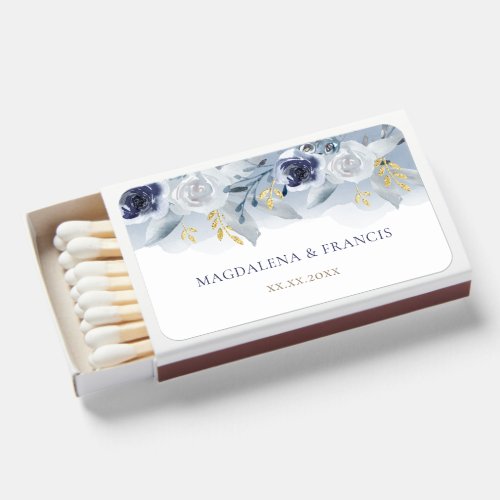 blue roses wedding matchboxes