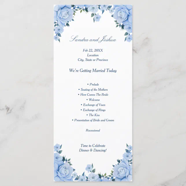 Blue Roses Wedding Program rack card | Zazzle