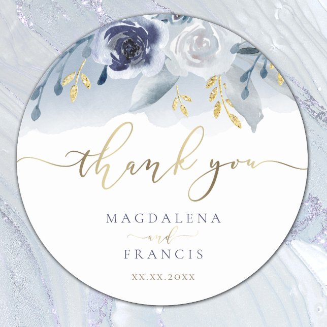 blue roses wedding thank you classic round sticker (Creator Uploaded)