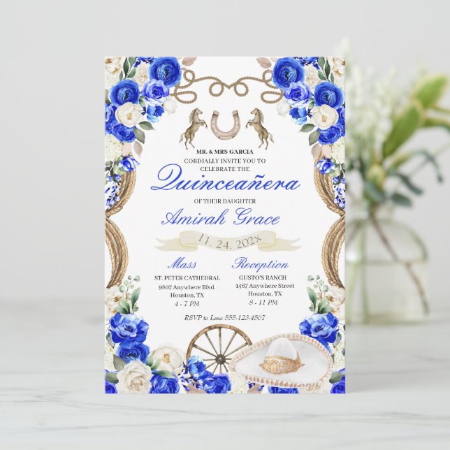 Blue Roses Western Charro Cowgirl Quinceañera Invitation (Standing Front)