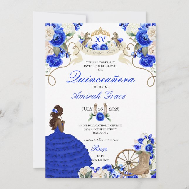 Blue Roses Western Charro Mariachi Quinceañera Invitation (Front)