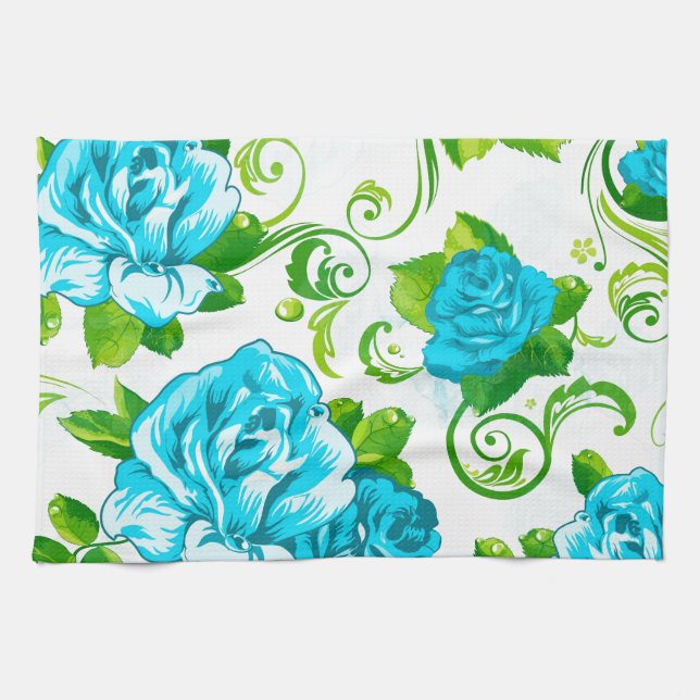 Blue Roses White Background Kitchen Towel (Horizontal)
