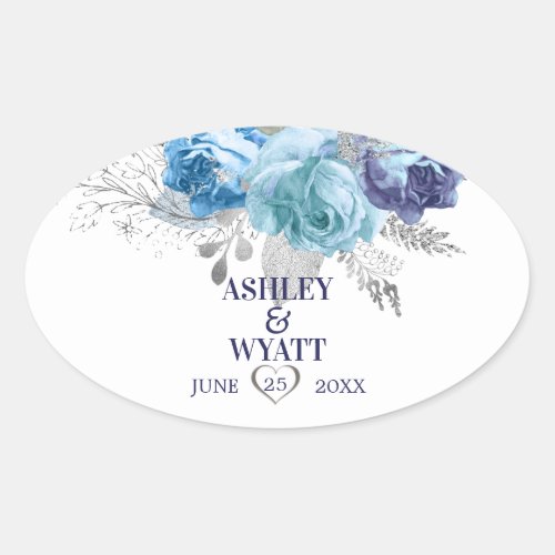 Blue Roses With Glittering Leaves Oval Sticker