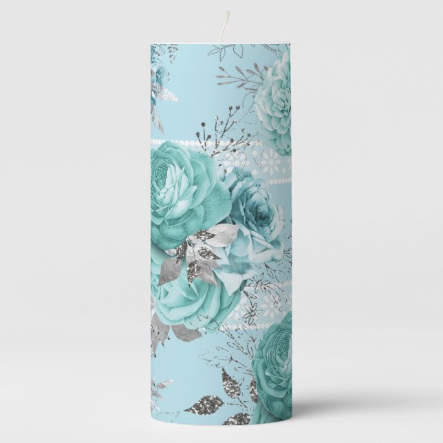Blue Roses with Lace Pillar Candle (Front)