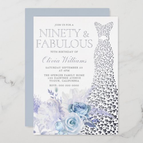 Blue Roses Womans 90th Birthday Party Real Silver Foil Invitation