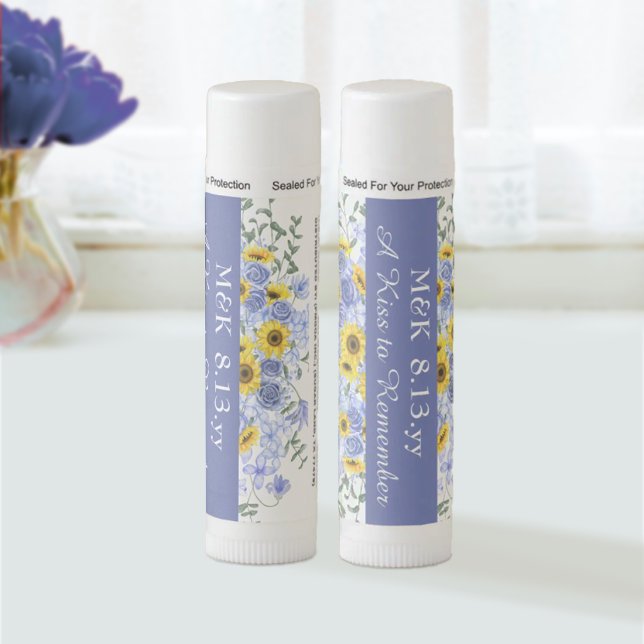 Blue Roses, Yellow Sunflowers Personalized Wedding Lip Balm (light blue, yellow sunflowers wedding bridal shower personalized lip balm party favor, dusty blue)