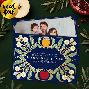 Blue Rosh Hashanah Jewish New Year Floral Photo Foil Holiday Card