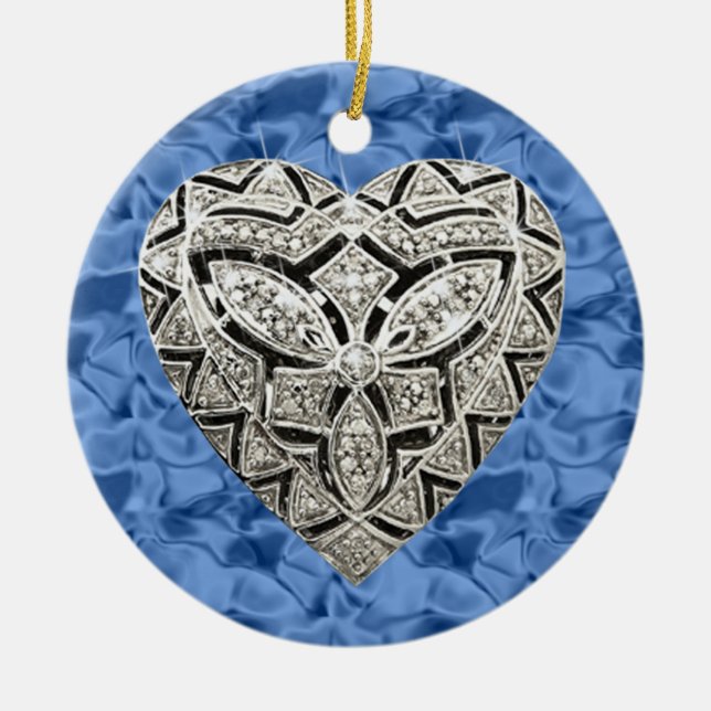 Blue Round Elegant Designer Heart Ornament (Front)