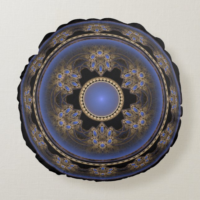 Blue round fractal visual pattern pillow (Front)