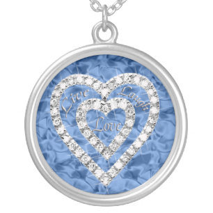 Blue Round Live Laugh Love Diamond Heart Necklace