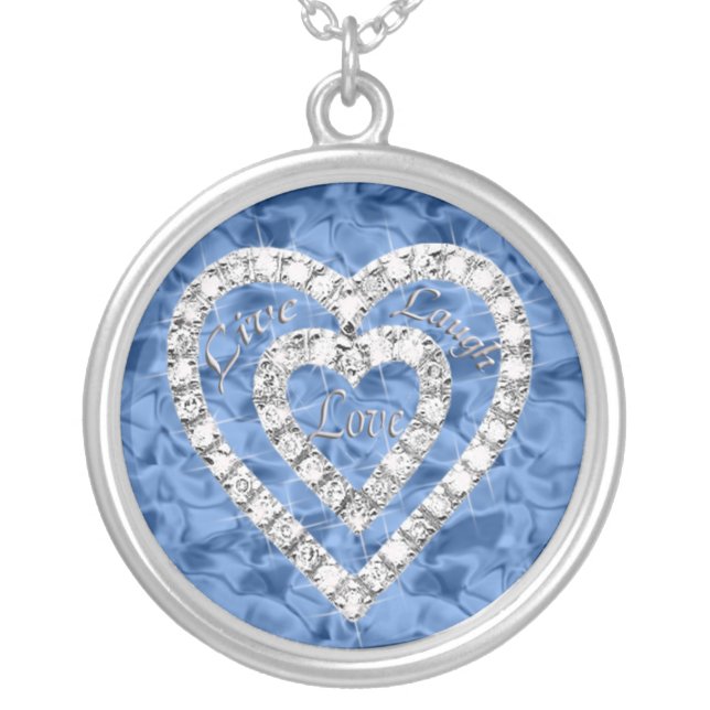 Blue Round Live Laugh Love Diamond Heart Necklace (Front)