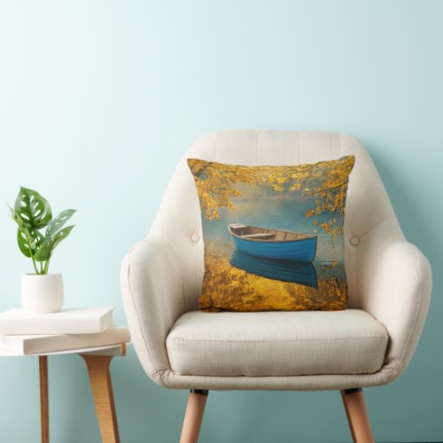 Blue Rowboat On Golden Lake Throw Pillow