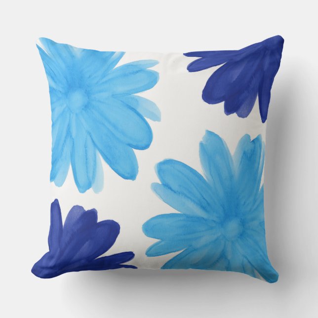 Blue Royal Blue Watercolor Flowers Outdoor Pillow (Front)
