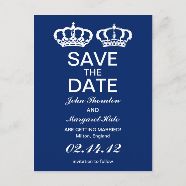 Blue Royal Couple Save the Date Announcement Postcard (Front)