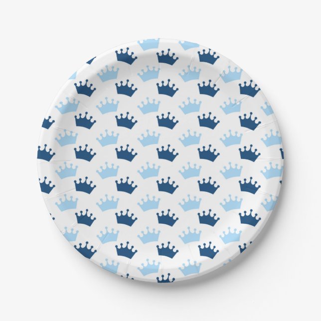 Blue Royal Crowns Fairytale Prince Baby Shower Paper Plates (Front)