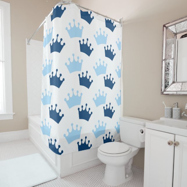 Blue Royal Crowns Fairytale Prince Storybook Shower Curtain (In Situ)