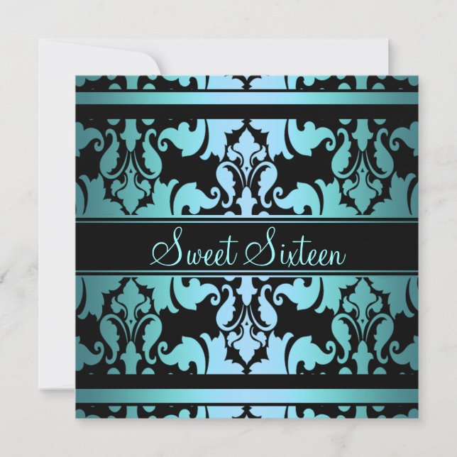 Blue Royal Damask Sweet16 Birthday Invite (Front)