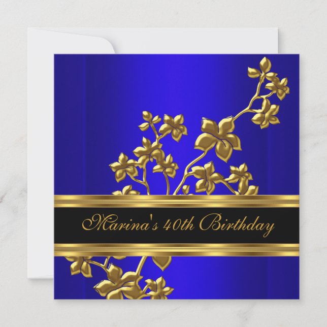 Blue Royal Elegant 40th Birthday Party Black Gold Invitation (Front)