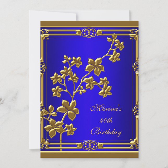 Blue Royal Elegant 40th Birthday Party Black Gold Invitation (Front)