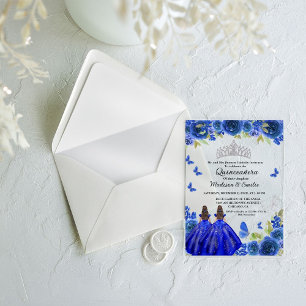 Blue Royal Floral Butterfly Twin Quinceanera Acrylic Invitations