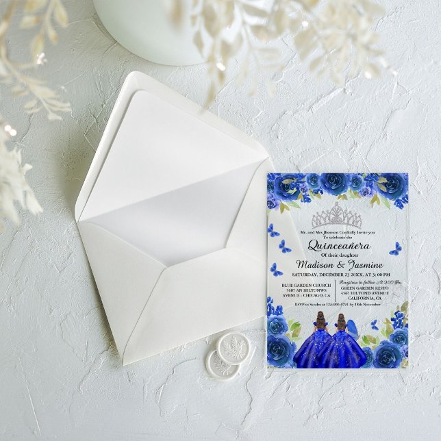  Blue Royal Floral Butterfly Twin Quinceanera Acrylic Invitations (Creator Uploaded)