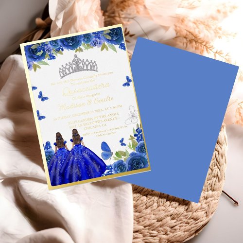  Blue Royal Floral Butterfly Twin Quinceanera  Foil Invitation