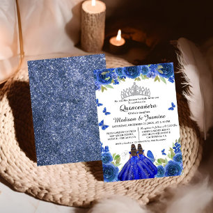 Blue Royal Floral Butterfly Twin Quinceanera Invitation