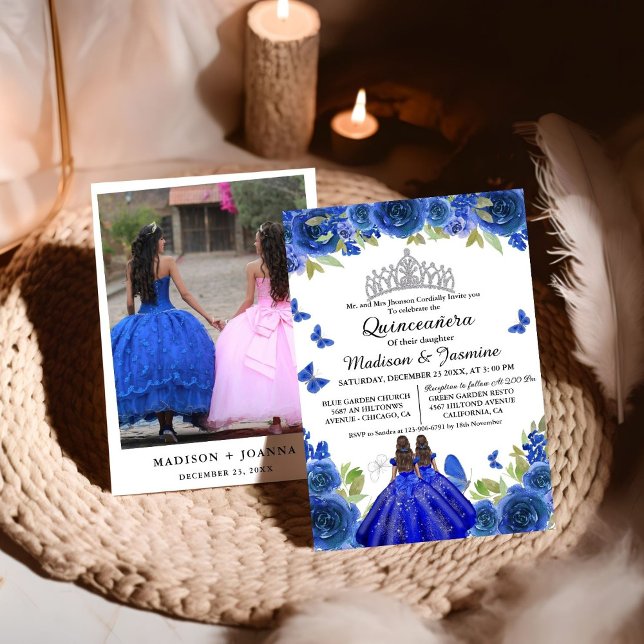  Blue Royal Floral Butterfly Twin Quinceanera Invitation (Creator Uploaded)