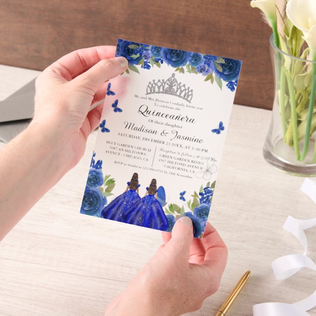  Blue Royal Floral Butterfly Twin Quinceanera Vellum Invitations (Handheld)