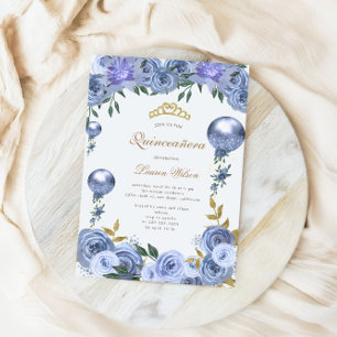 Blue Royal Floral Quinceanera Photo Invitation