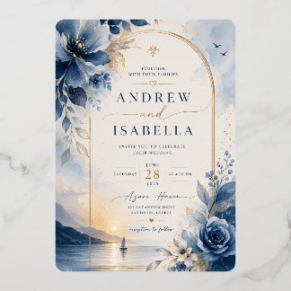 Blue Royal Floral Wedding Invitation Foil Invitation