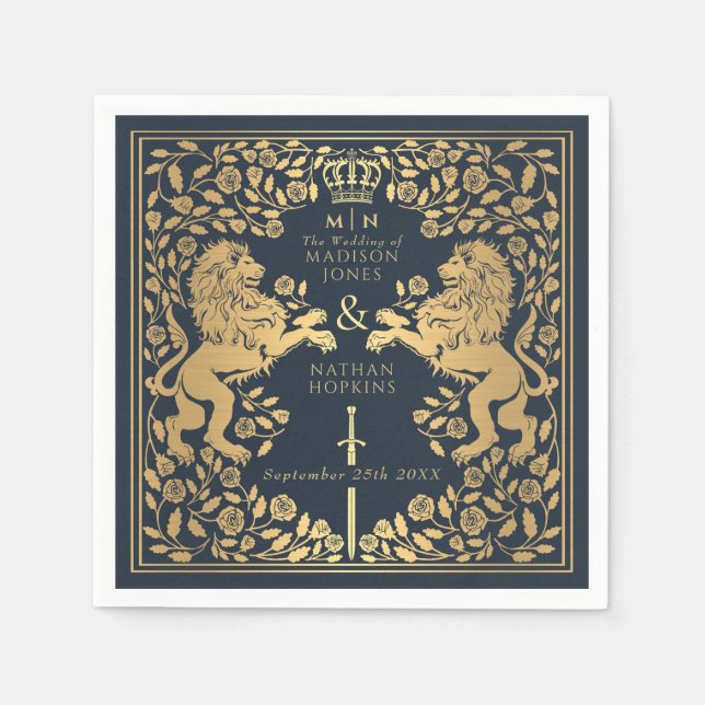 Blue Royal Lion Medieval Sword Wedding  Napkins (Front)