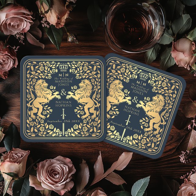 Blue Royal Lion Medieval Sword Wedding Square Paper Coaster (Creator Uploaded)