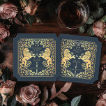 Blue Royal Lion Medieval Sword Wedding Ticket Paper Coaster<br><div class="desc">Add royal charm to your tablescape! These custom wedding coasters feature a majestic lion and floral design with your names and monogram, all in luxurious gold against a blue background. Perfect for a medieval fantasy celebration with timeless elegance! The gold featured on this item is NOT real foil and is...</div>