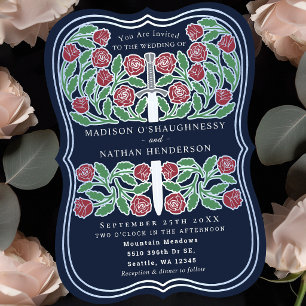 Blue Royal Medieval Floral Silver Sword Wedding Invitation