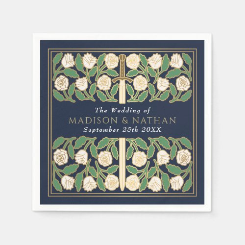 Blue Royal Medieval Gold Floral Sword Wedding Napkins