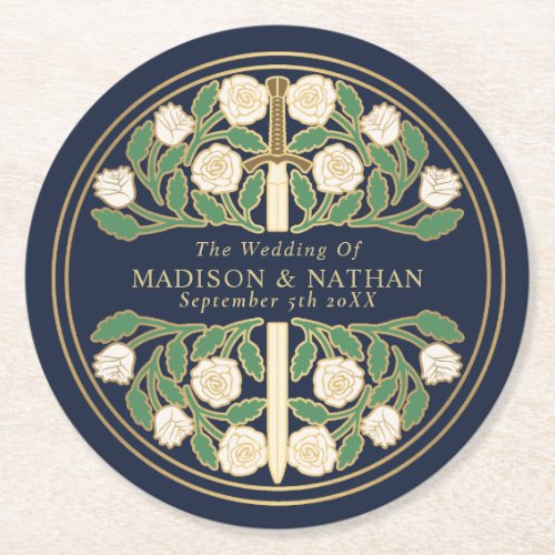 Blue Royal Medieval Gold Floral Sword Wedding Round Paper Coaster
