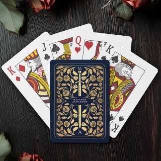 Blue Royal Medieval Gold Sword Monogram Poker Cards