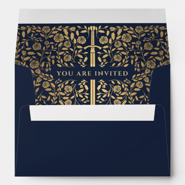 Blue Royal Medieval Gold Sword Wedding Envelope (Back (Bottom))