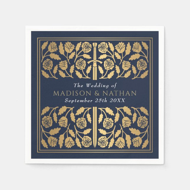 Blue Royal Medieval Gold Sword Wedding Napkins (Front)