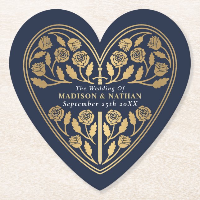 Blue Royal Medieval Gold Sword Wedding Paper Coaster (Front)