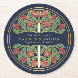 Blue Royal Medieval Gold Sword Wedding Round Paper Coaster